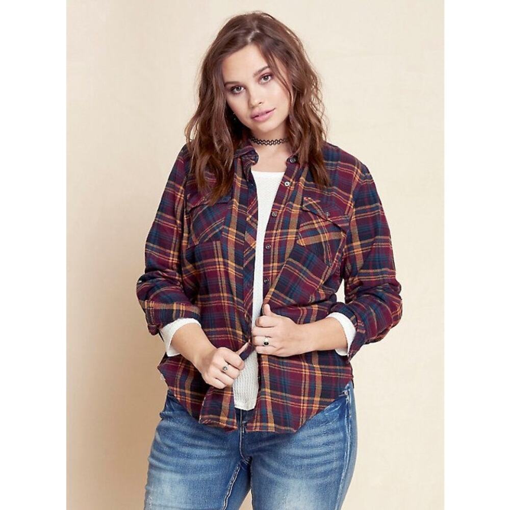 Blu Pepper Plaid Maroon Blue Checkered Flannel Button Front Shirt Size Large